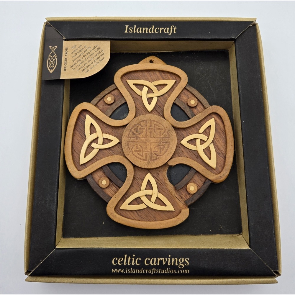 Islandcraft Celtic Cross Wood Wall Hang Trinity Knot Decor Irish Multicolor Box